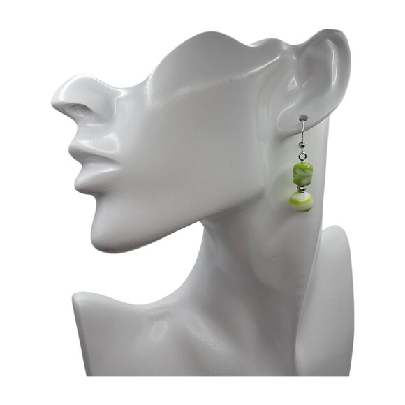 Artisan Pierced Glass Beaded Earrings Sterling Silver Green & White Geometric - Picture 2 of 6